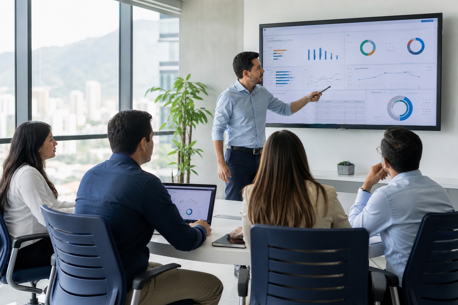 Equipo revisando un tablero de software ERP a medida